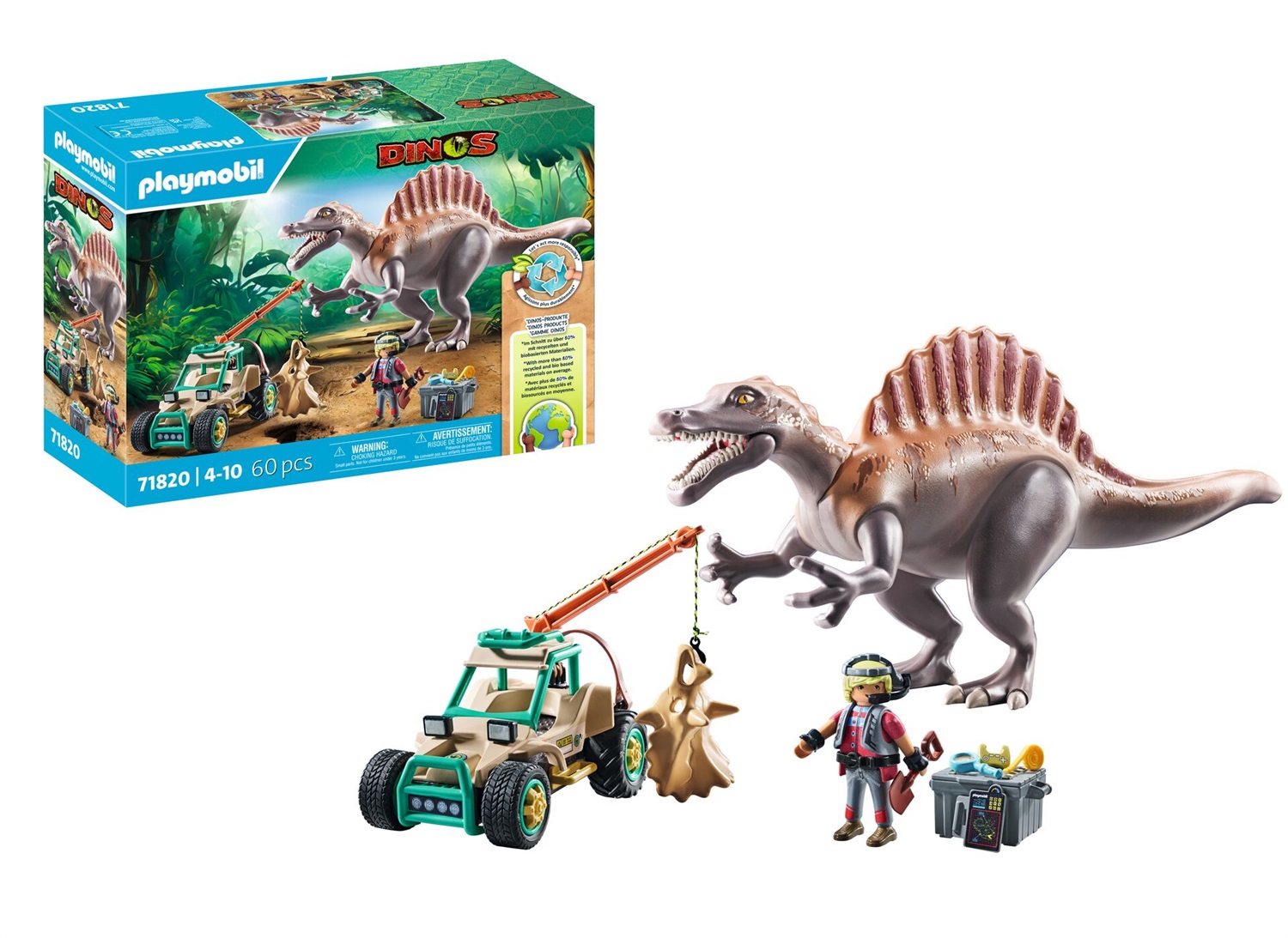 Playmobil Dinos 71820 - Set di gioco con l'attacco dello Spinosauro, veicolo con gru, per bambini dai 4 anni
