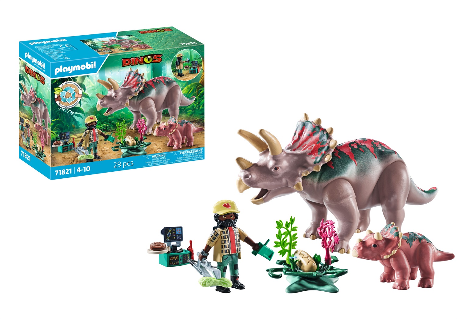 PLAYMOBIL Dinos 71821 - Set di gioco Triceratopo con cucciolo, figure di animali e accessori realistici, per bambini dai 4 anni