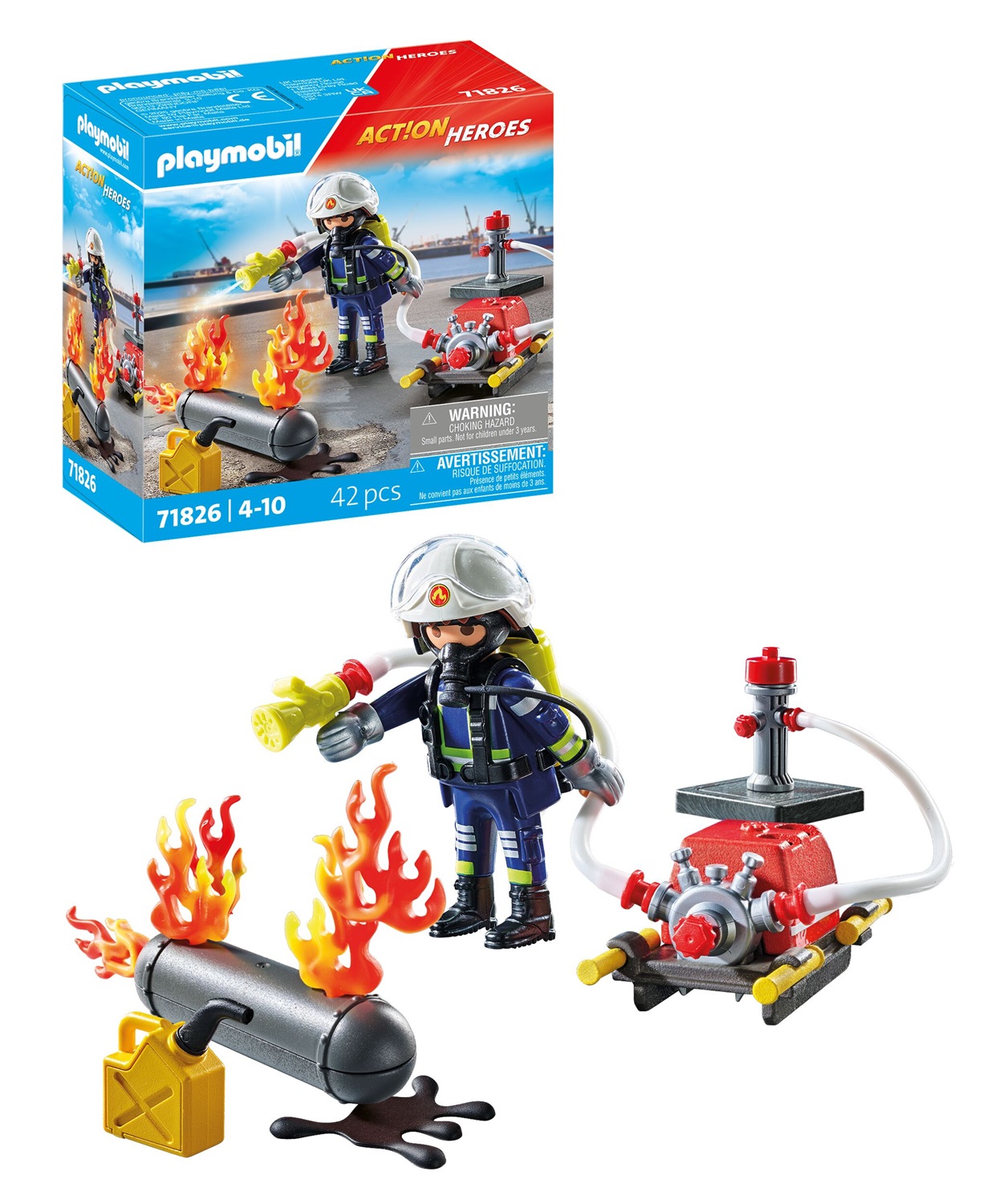 Playmobil 71826 - Pompiere con Pompa d'Acqua e Cannone, Fiamme Riposizionabili, Gioco per Bambini dai 4 Anni