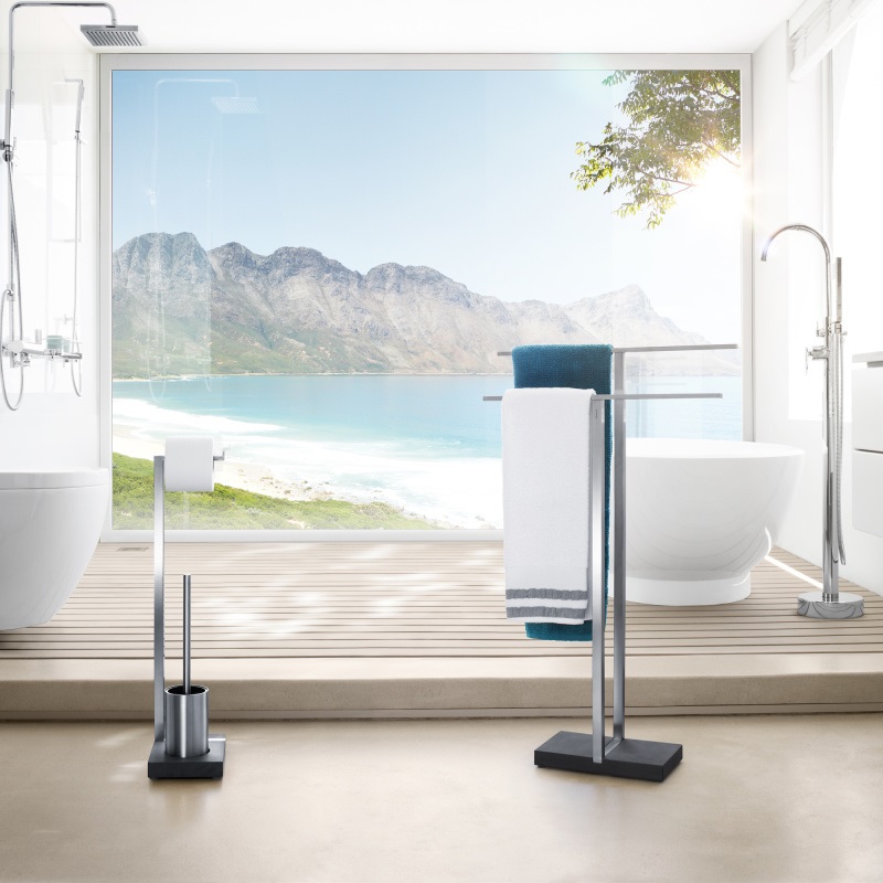 Blomus Menoto Porta Asciugamani da Terra in Acciaio Inox Spazzolato e Pietra Polimerica - Design Minimalista con Due Barre