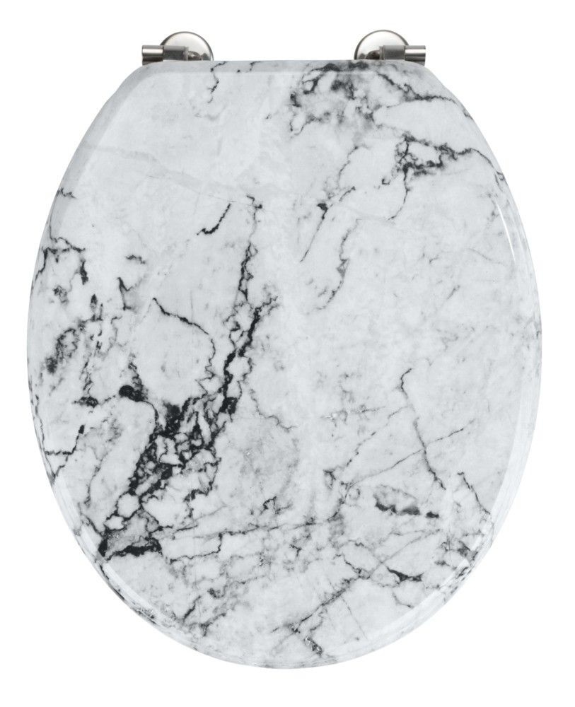 Wenko Sedile WC Onyx - Elegante Sedile in MDF con Fissaggio in Acciaio Inox, 34.5 x 41 cm, Bianco Effetto Marmo