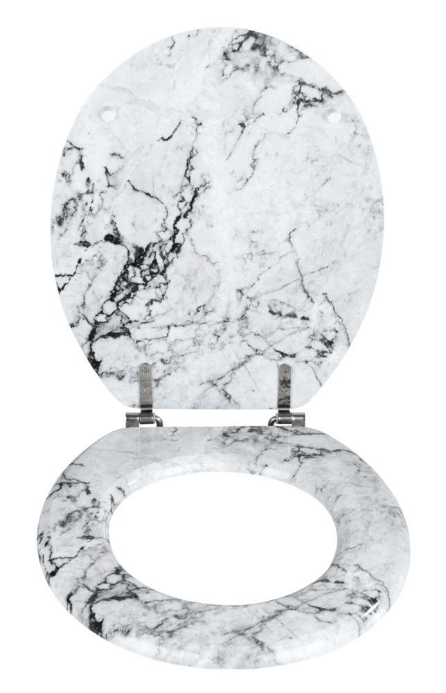 Wenko Sedile WC Onyx - Elegante Sedile in MDF con Fissaggio in Acciaio Inox, 34.5 x 41 cm, Bianco Effetto Marmo