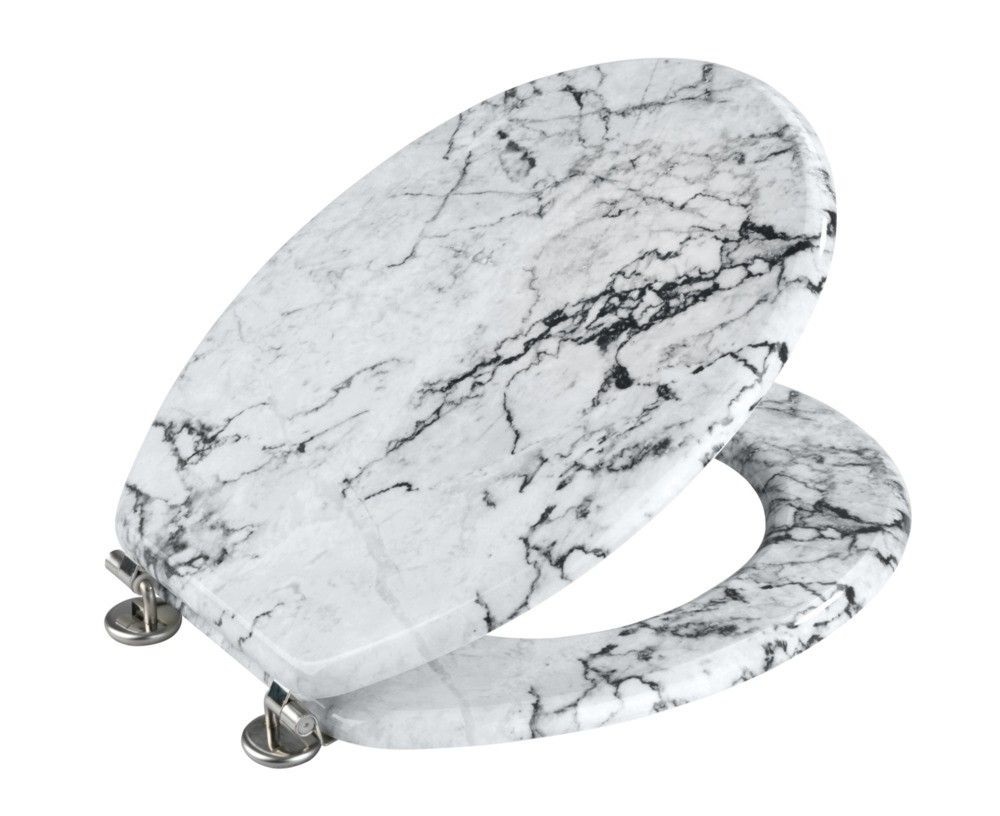 Wenko Sedile WC Onyx - Elegante Sedile in MDF con Fissaggio in Acciaio Inox, 34.5 x 41 cm, Bianco Effetto Marmo