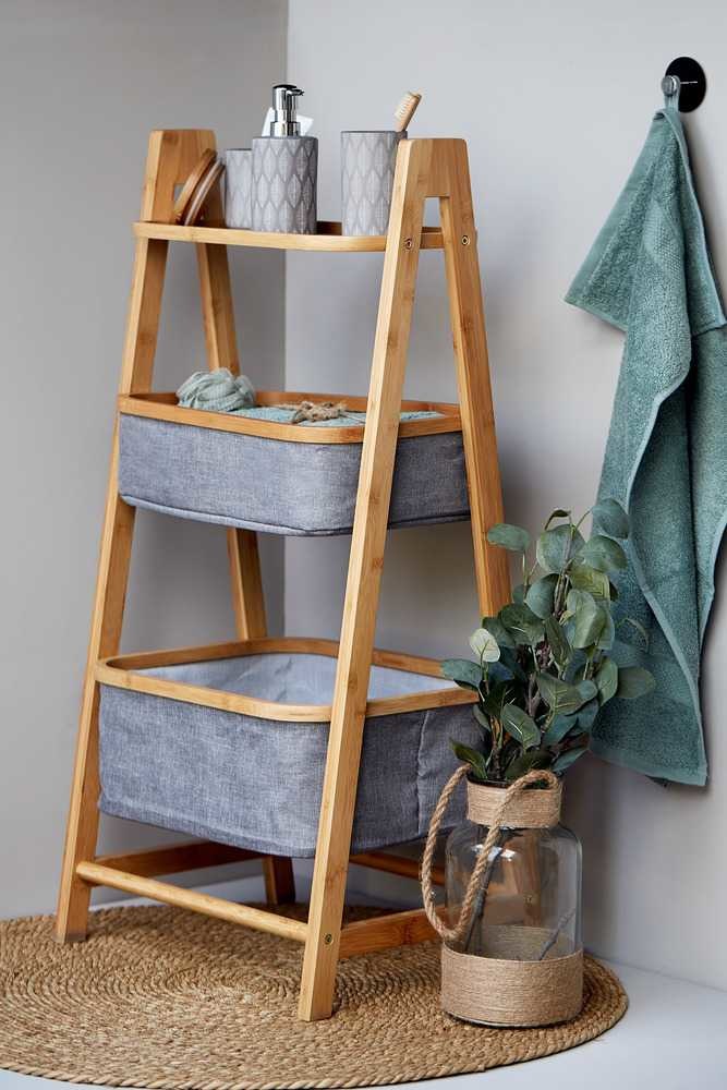WENKO Scaffale Bahari in Bambù con 2 Cestini e Ripiano - 44 x 91 x 34 cm, Marrone