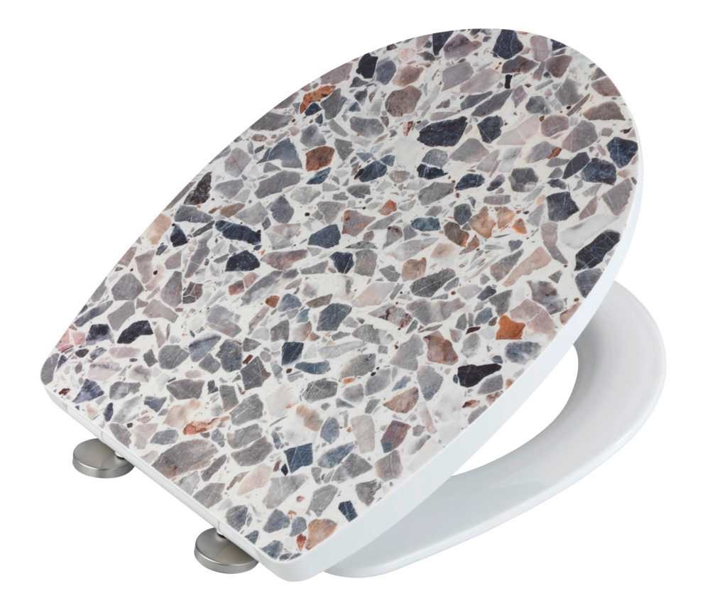 WENKO Sedile WC Terrazzo High Gloss con Abbassamento Automatico e Fissaggio Igienico Fix-Clip, Multicolore in Termoplastica