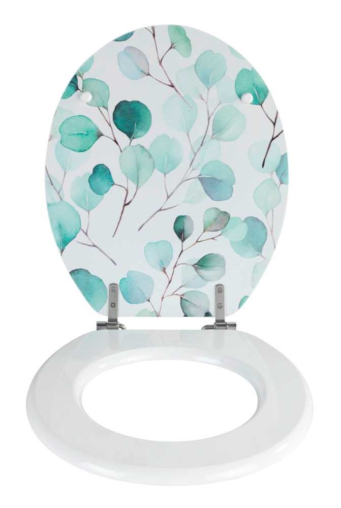 WENKO Sedile WC Pioppo in MDF con Fissaggio in Acciaio Inossidabile e Motivo Foglie Verde, Ovale (35,5 x 42,5 cm)