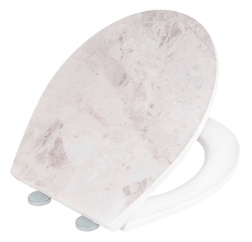 WENKO Sedile WC Grey Marble in Duroplast Antibatterico con Meccanismo di Abbassamento Automatico e Fissaggio Igienico Fix-Clip, 38 X 44,5 cm