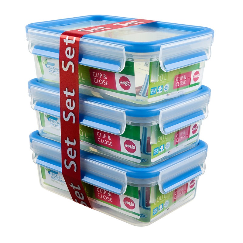 Emsa Clip&Close Set 3 Contenitori Salvafreschezza Rettangolari 1L con Chiusura Ermetica