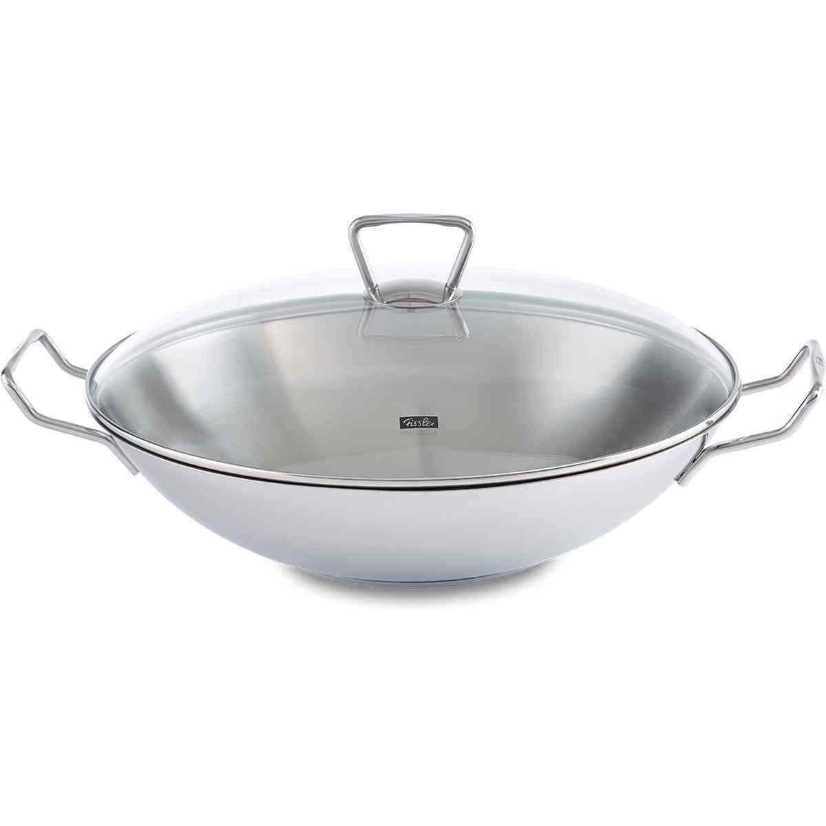 Fissler Kunming Padella Wok in Acciaio Inox 36 cm con Coperchio in Vetro e Inserto Vaporiera, Compatibile Induzione