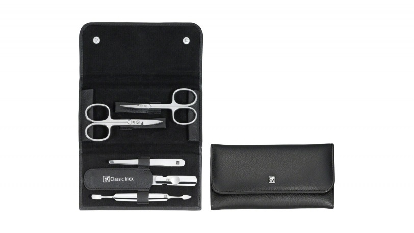 ZWILLING Set Manicure e Pedicure 5 Pezzi con Custodia in Vera Pelle, Acciaio Inox Lucido, Nero