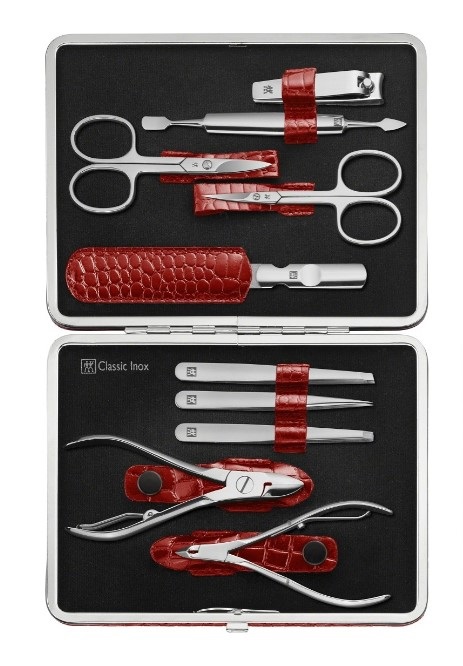 ZWILLING Set Manicure e Pedicure 10 Pezzi - Custodia in Vera Pelle, Acciaio Inox Lucido, Edizione Coccodrillo Rossa