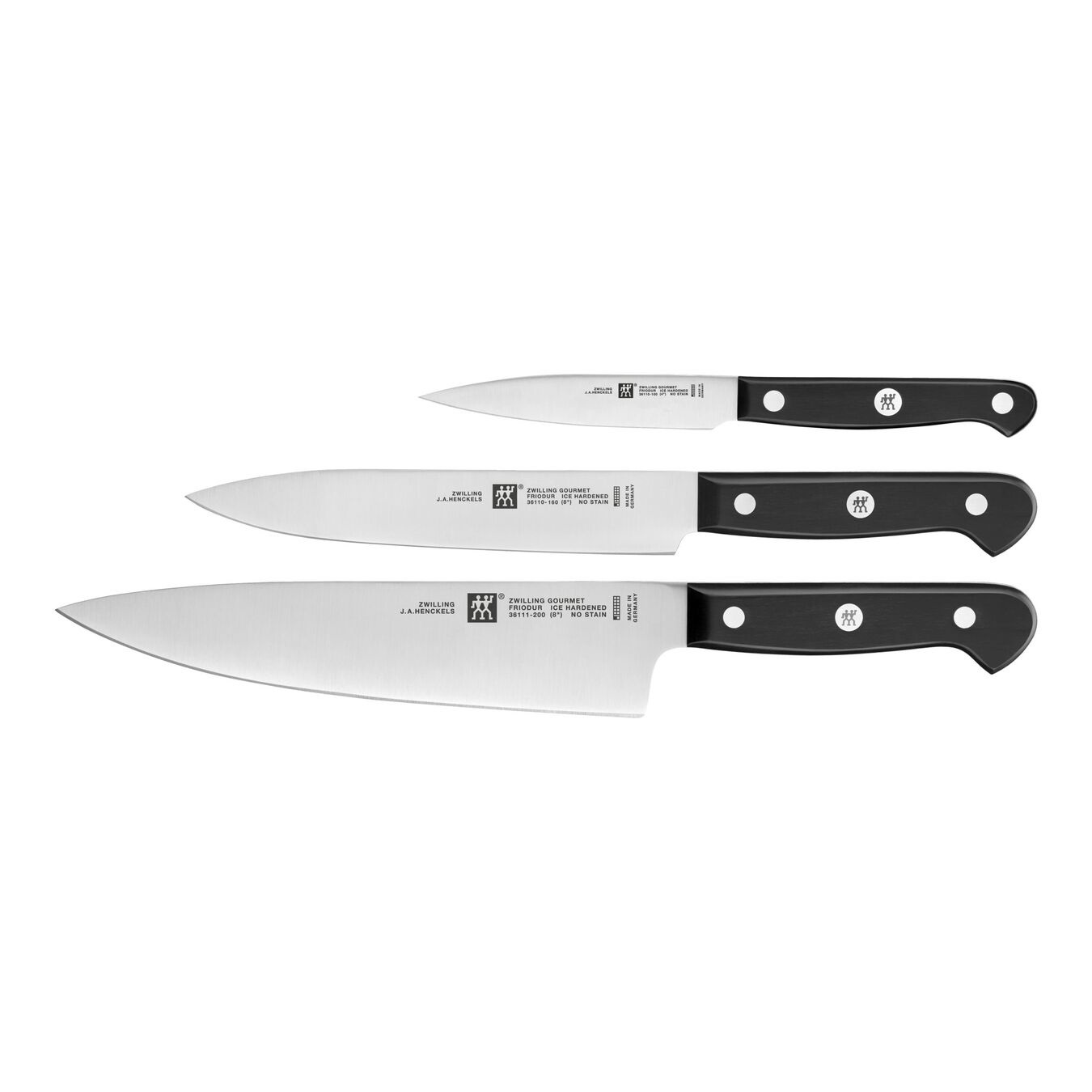 ZWILLING Set di Coltelli Gourmet 3 pz - Acciaio Inox, Argento/Nero, Include Coltello per Sbucciare (10 cm), Coltello da Intaglio (16 cm), Coltello da Chef (20 cm)