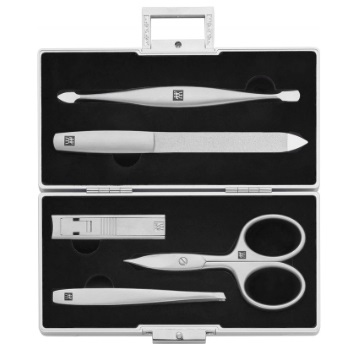 ZWILLING Set Manicure e Pedicure 5 Pezzi con Custodia in Alluminio e Inserto in Velluto Nero, Strumenti in Acciaio Inox Satinato