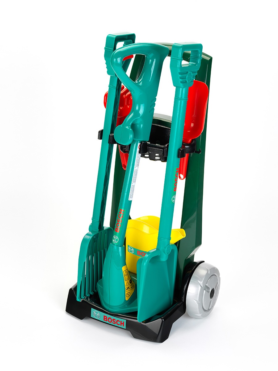Theo Klein 2751 Carrello da giardino Bosch da 7 pezzi con attrezzi da giardinaggio per bambini - Include pala, rastrello e tagliaerba, Anti-UV, Giocattoli per bambini dai 3 anni