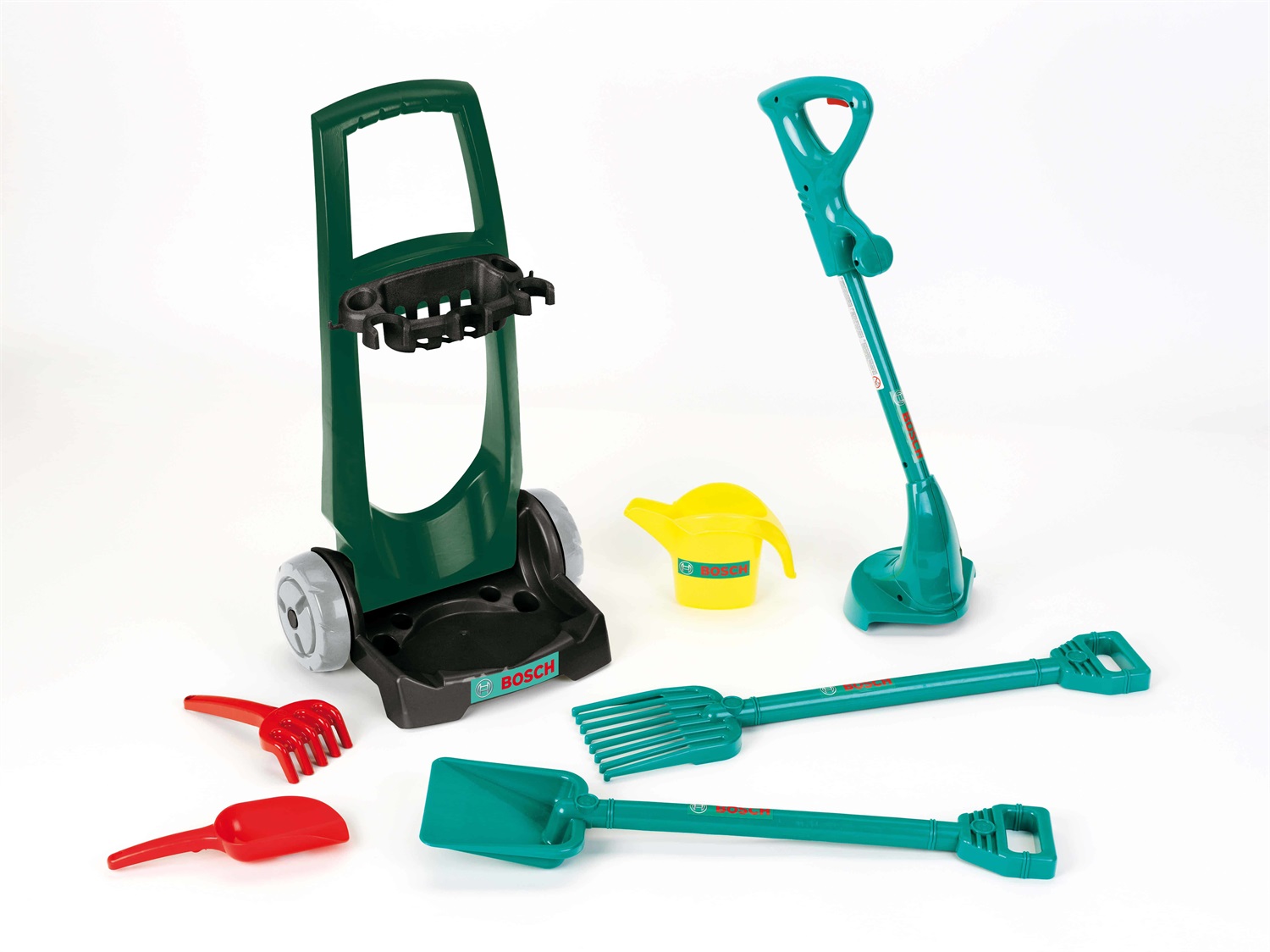 Theo Klein 2751 Carrello da giardino Bosch da 7 pezzi con attrezzi da giardinaggio per bambini - Include pala, rastrello e tagliaerba, Anti-UV, Giocattoli per bambini dai 3 anni