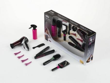 Theo Klein 5873 Mega Set Braun Satin Hair 7 con Piastra Lisciante, Spazzola, Phon a Batterie e Accessori per Bambini