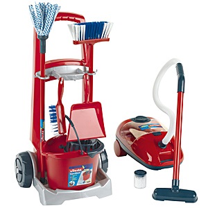 Theo Klein 6742 Carrello delle Pulizie Vileda con Scopa, Mocio, Secchio e Aspirapolvere a Batterie con Funzione di Aspirazione e Sonora - Giocattolo per Bambini a Partire dai 3 Anni