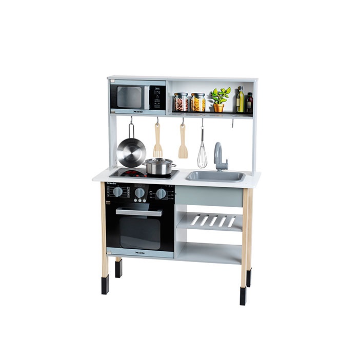 Theo Klein Cucina Giocattolo Miele in Legno con Luci e Suoni - Fornello, Microonde, Lavello Estraibile e Accessori Inclusi - 70x30x91 cm