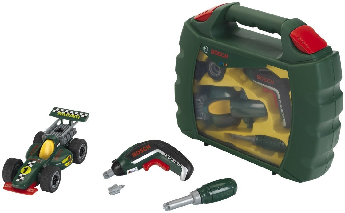 Theo Klein 8395 Set Valigetta degli attrezzi Bosch Grand Prix con avvitatore a batteria Ixolino e Auto da corsa smontabile - Dimensioni 32 cm x 26 cm x 9 cm, Giocattolo per bambini dai 3 anni