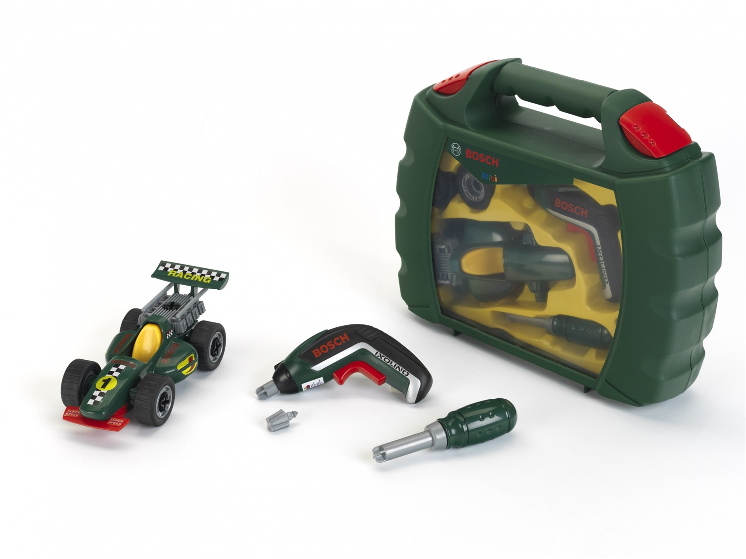 Theo Klein 8395 Set Valigetta degli attrezzi Bosch Grand Prix con avvitatore a batteria Ixolino e Auto da corsa smontabile - Dimensioni 32 cm x 26 cm x 9 cm, Giocattolo per bambini dai 3 anni