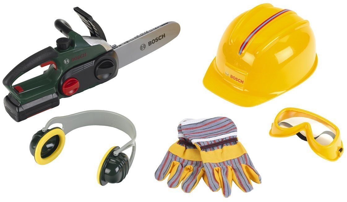 Theo Klein 8532 Motosega Bosch con Batteria, Funzione Sonora e Luminosa, Accessori Inclusi (Casco, Guanti, Occhiali e Protezioni per le Orecchie) - Giocattolo per Bambini dai 3 Anni