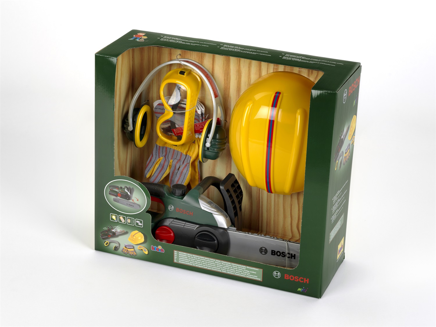 Theo Klein 8532 Motosega Bosch con Batteria, Funzione Sonora e Luminosa, Accessori Inclusi (Casco, Guanti, Occhiali e Protezioni per le Orecchie) - Giocattolo per Bambini dai 3 Anni