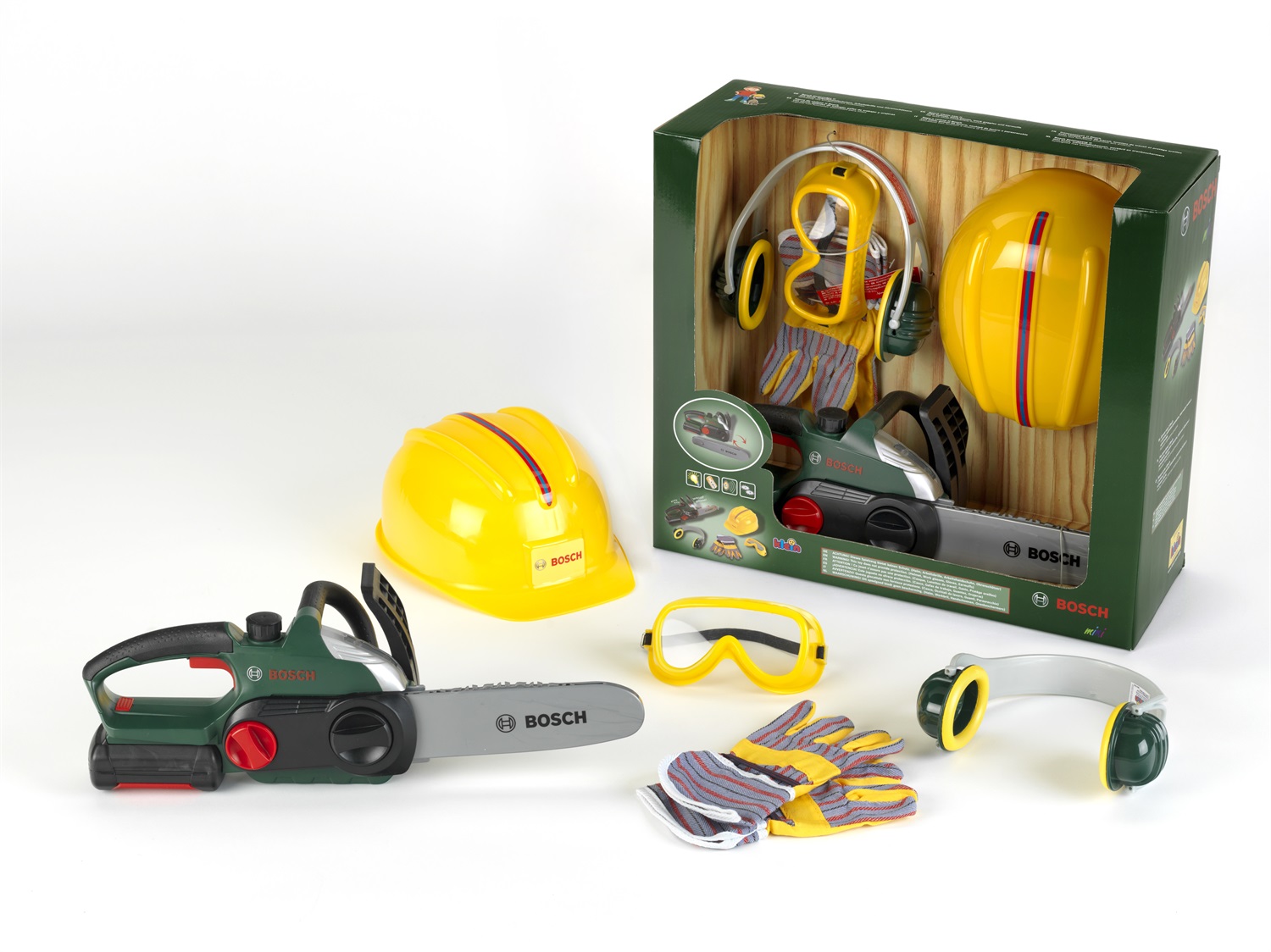 Theo Klein 8532 Motosega Bosch con Batteria, Funzione Sonora e Luminosa, Accessori Inclusi (Casco, Guanti, Occhiali e Protezioni per le Orecchie) - Giocattolo per Bambini dai 3 Anni