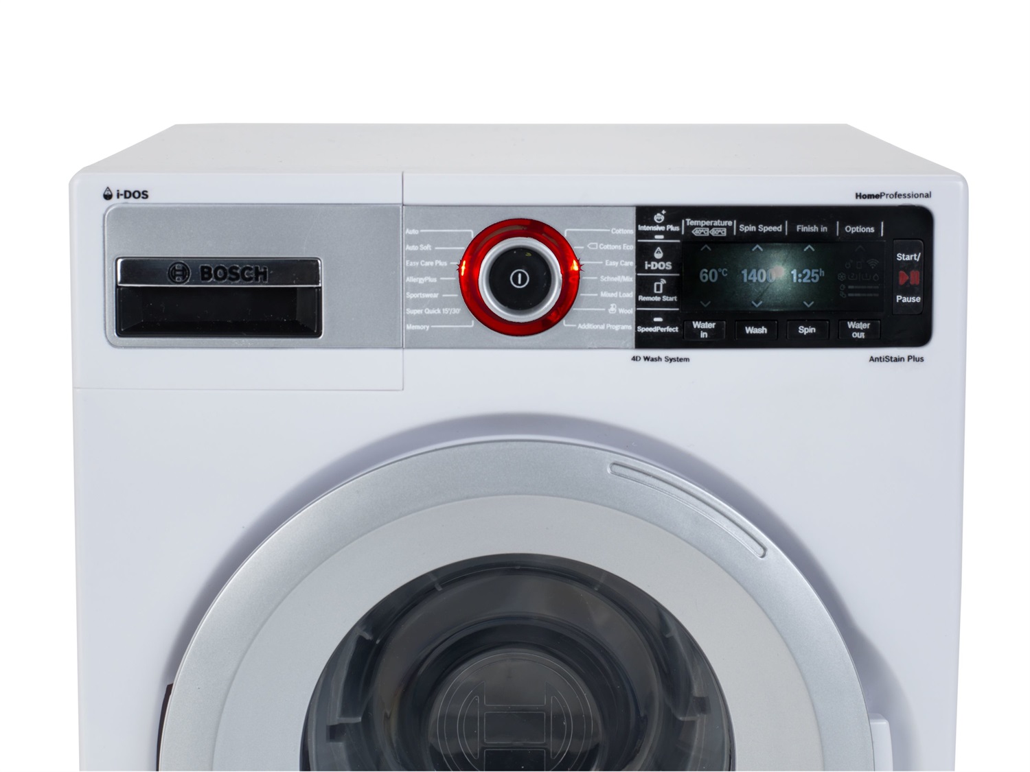 Theo Klein 9213 Bosch Lavatrice Giocattolo - Quattro programmi di Lavaggio, Rumori Originali, Funziona con e Senza Acqua, per Bambini a Partire da 3 Anni