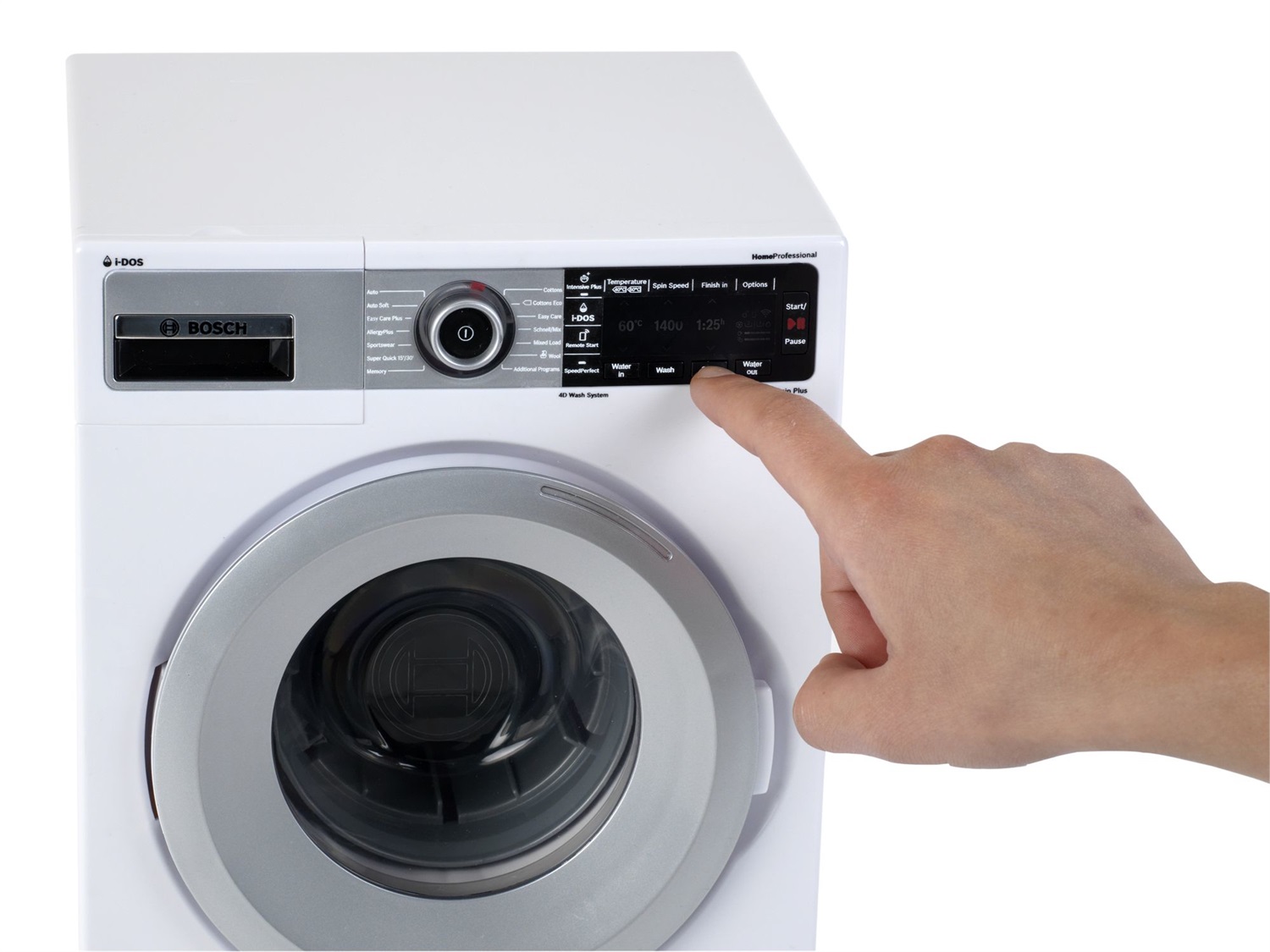 Theo Klein 9213 Bosch Lavatrice Giocattolo - Quattro programmi di Lavaggio, Rumori Originali, Funziona con e Senza Acqua, per Bambini a Partire da 3 Anni