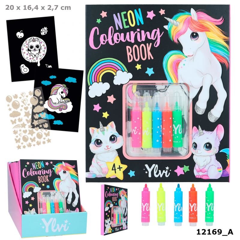 Depesche Ylvi - Set di Libri da Colorare al Neon con 25 Pagine, 5 Pennarelli in Fibra Neon e Foglio di Adesivi in Oro