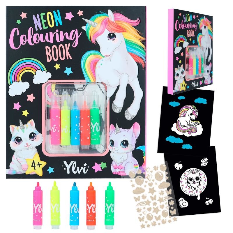 Depesche Ylvi - Set di Libri da Colorare al Neon con 25 Pagine, 5 Pennarelli in Fibra Neon e Foglio di Adesivi in Oro