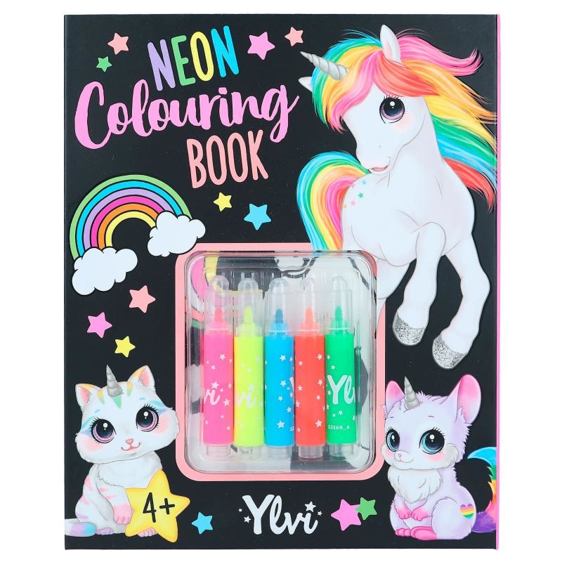 Depesche Ylvi - Set di Libri da Colorare al Neon con 25 Pagine, 5 Pennarelli in Fibra Neon e Foglio di Adesivi in Oro