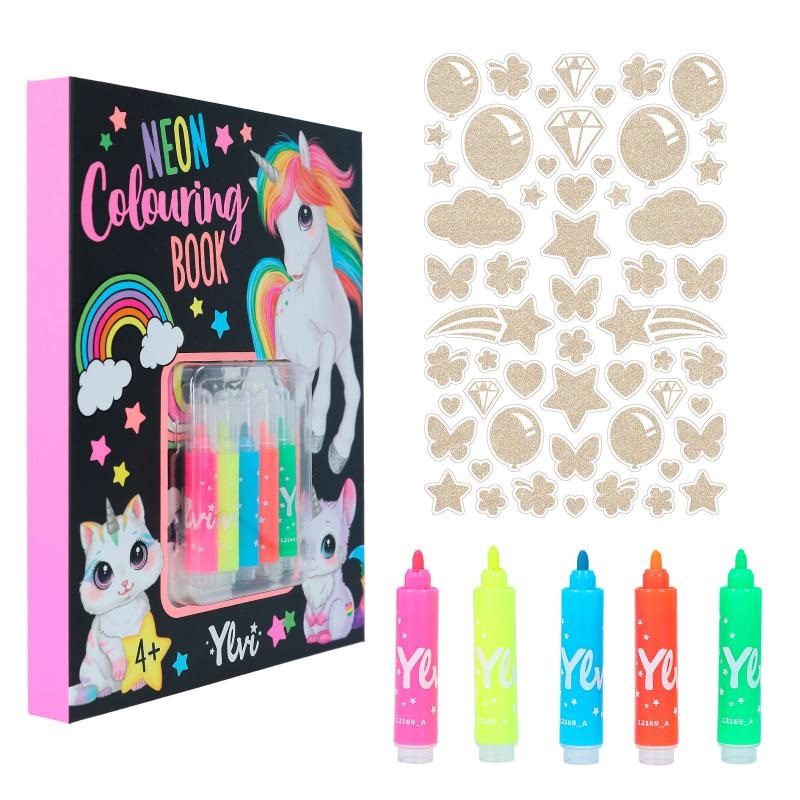 Depesche Ylvi - Set di Libri da Colorare al Neon con 25 Pagine, 5 Pennarelli in Fibra Neon e Foglio di Adesivi in Oro