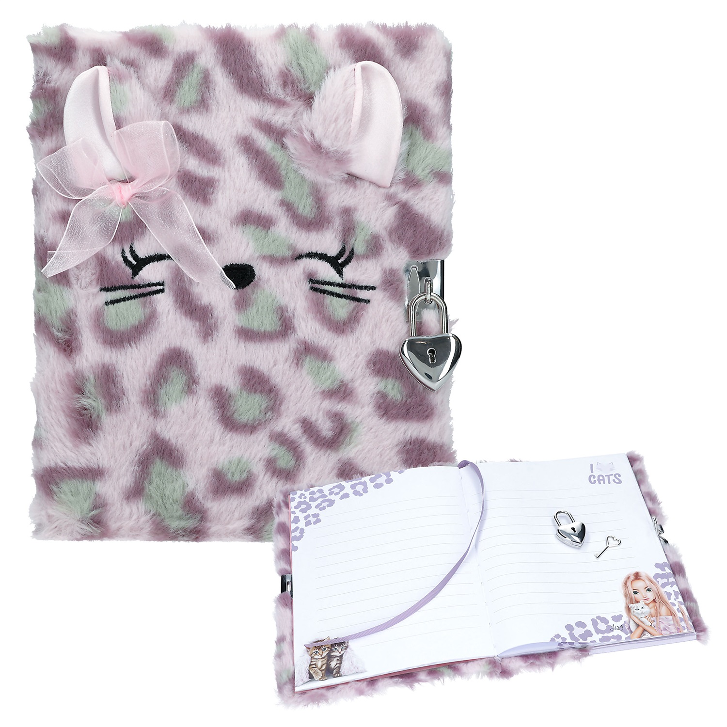 TOPModel Cosy Cat - Diario con lucchetto a cuore, copertina in pelliccia viola-lilla e 96 pagine rigate