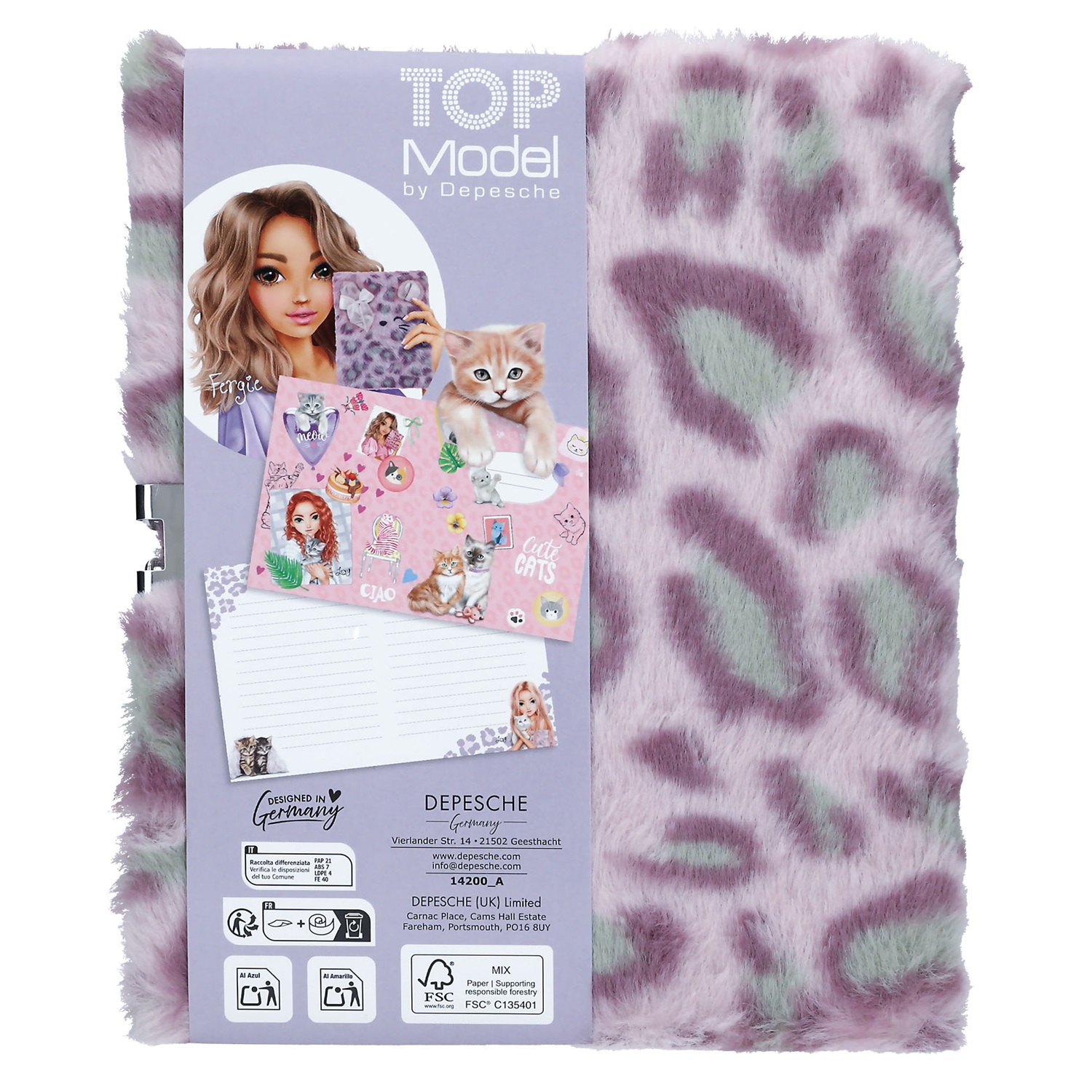 TOPModel Cosy Cat - Diario con lucchetto a cuore, copertina in pelliccia viola-lilla e 96 pagine rigate