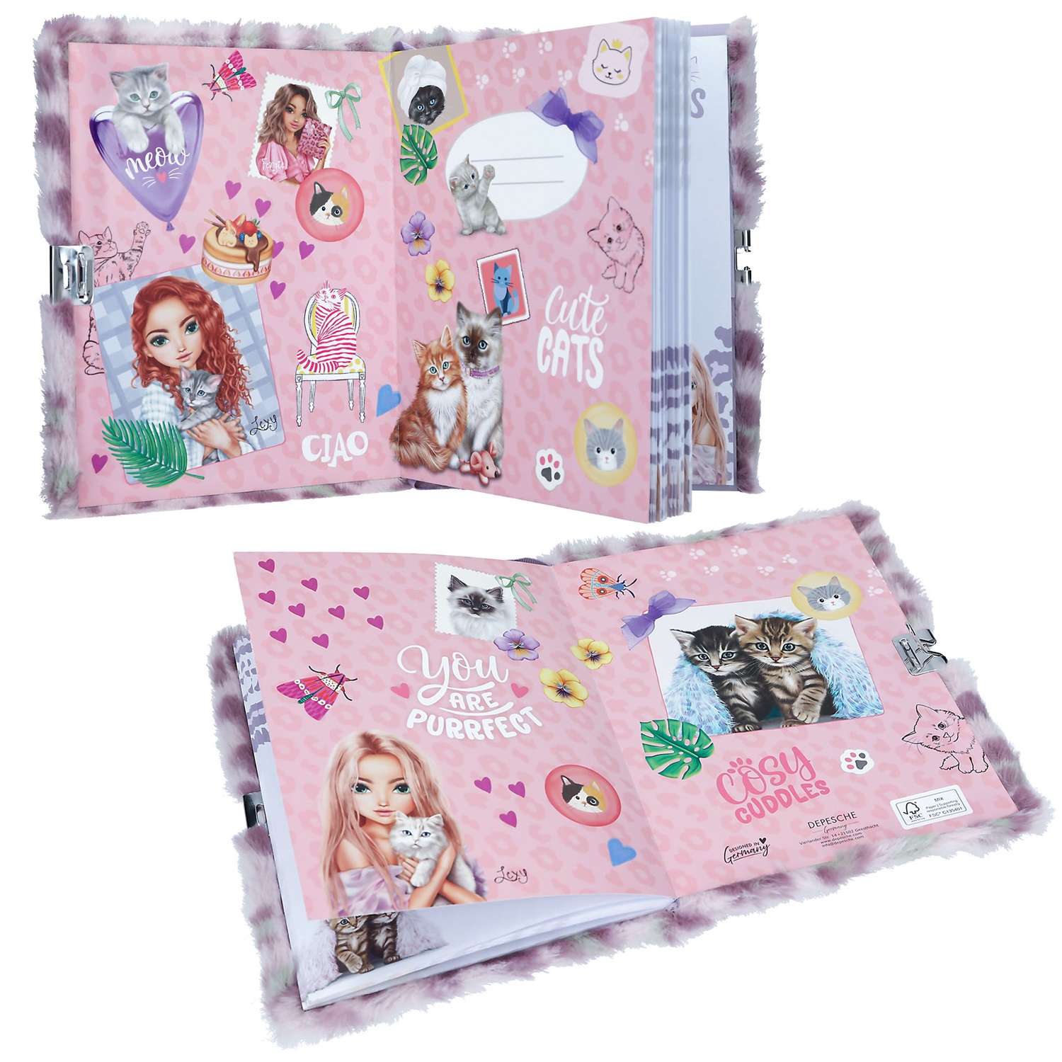 TOPModel Cosy Cat - Diario con lucchetto a cuore, copertina in pelliccia viola-lilla e 96 pagine rigate