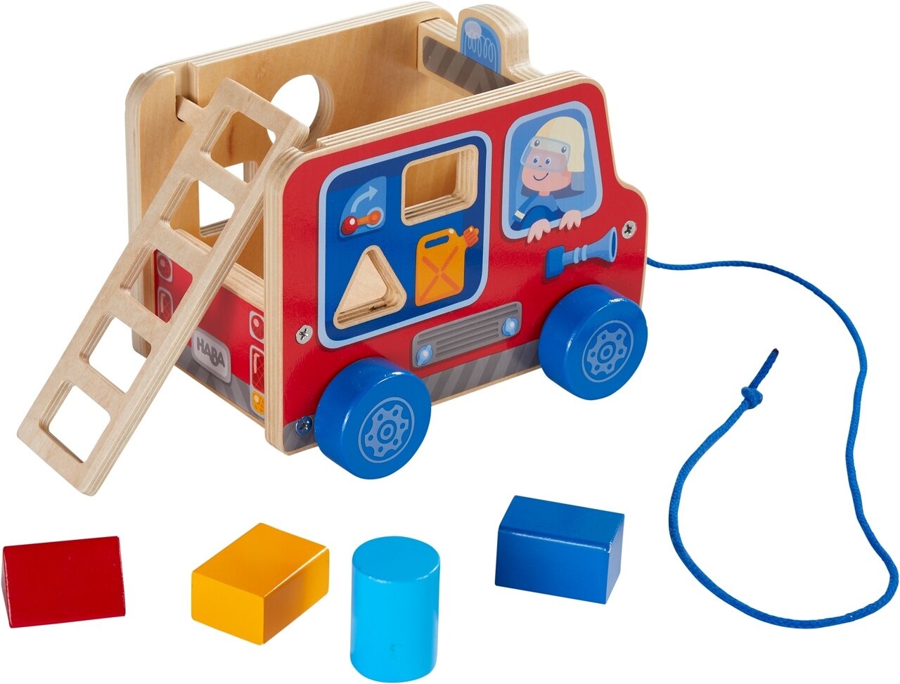 HABA Camion dei Vigili del Fuoco da Trainare - Giocattolo Educativo con Blocchi di Costruzione Colorati