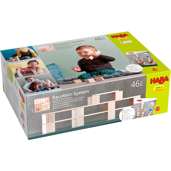 HABA Clever-Up! 1.0 - Sistema di costruzioni in legno naturale con 46 pezzi, libretto educativo e borsa di stoccaggio, per bambini da 1 anno