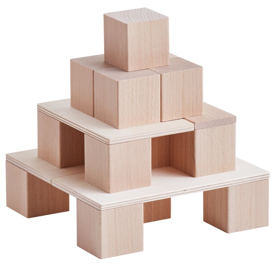 HABA Clever-Up! 1.0 - Sistema di costruzioni in legno naturale con 46 pezzi, libretto educativo e borsa di stoccaggio, per bambini da 1 anno
