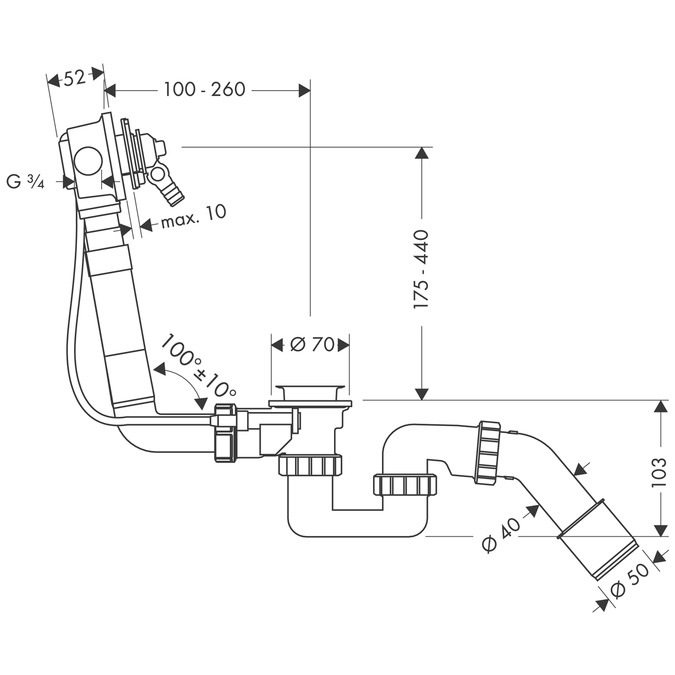 Hansgrohe Exafill - Set Completo per Erogazione Vasca con Sifone, Cavo Bowden 520 mm, Finitura Cromo