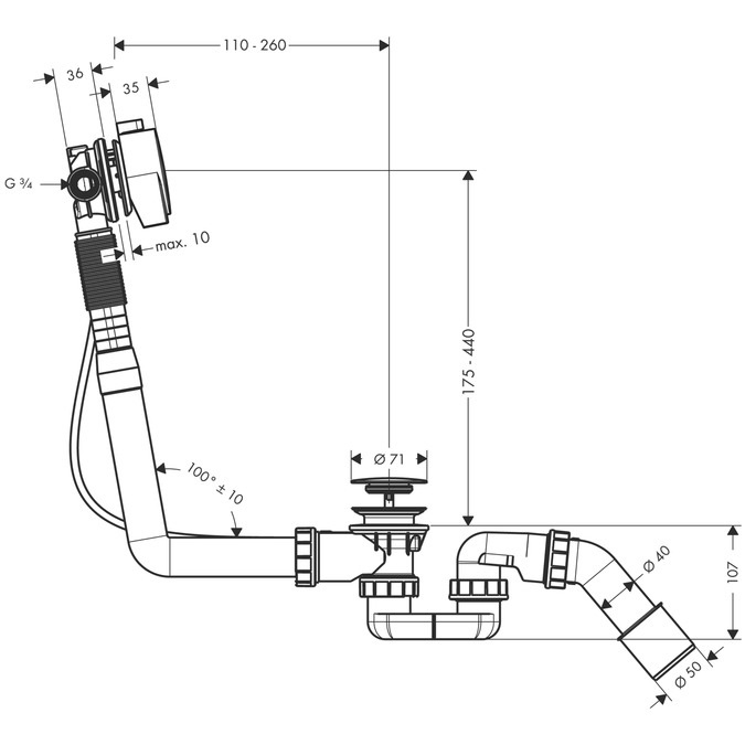 Hansgrohe 58113000 Exafill S Set completo erogazione vasca - cromo, compatibile con vasche normali e con bordo inclinato, include sifone e corpo incasso
