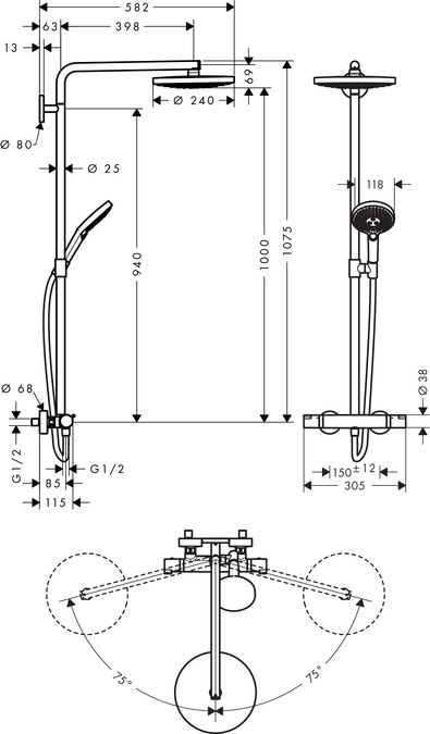 Hansgrohe Raindance Select S 240 Colonna Doccia a Parete con Soffione Ø 240 mm e Doccetta Ø 120 mm, Termostatico, Cromo, 2 Getti d'Acqua