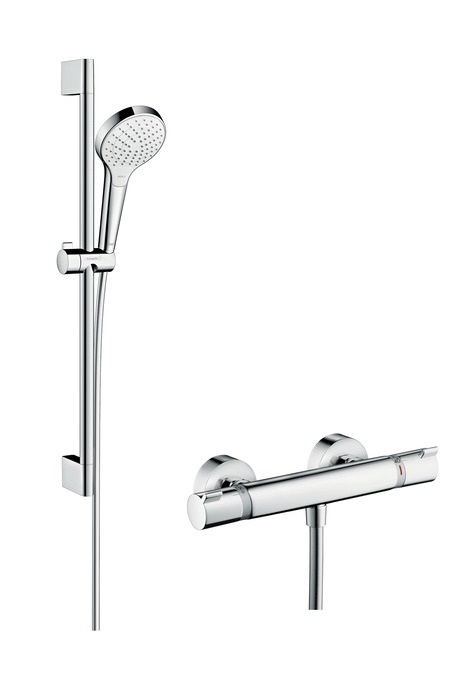 Hansgrohe Croma Select S Colonna doccia a parete con termostatico Ecostat Comfort, 3 modalità di getto, asta doccia 65 cm, bianco/cromo