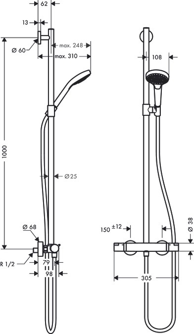 Hansgrohe Croma Select S Colonna Doccia a Parete con Termostatico e Doccetta - Bianco/Cromo, 3 Getti d'Acqua, Soffione da 110 mm