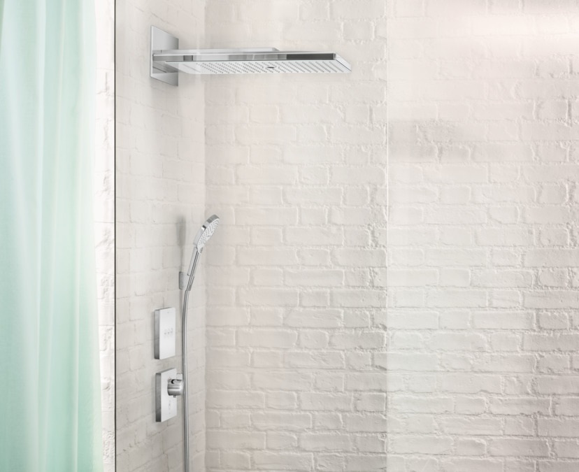Hansgrohe Rainmaker Select Soffione Doccia a Parete 580 mm - Bianco/Cromo, 3 Getti (Rain, Massage, Mono), Vetro di Sicurezza