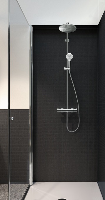 Hansgrohe Crometta S - Colonna Doccia a Risparmio Idrico (EcoSmart) con Termostatico, Soffione Doccia a Pioggia (⌀ 240 mm), Doccetta (2 Getti), Rubinetto, Tubo e Asta, Cromo