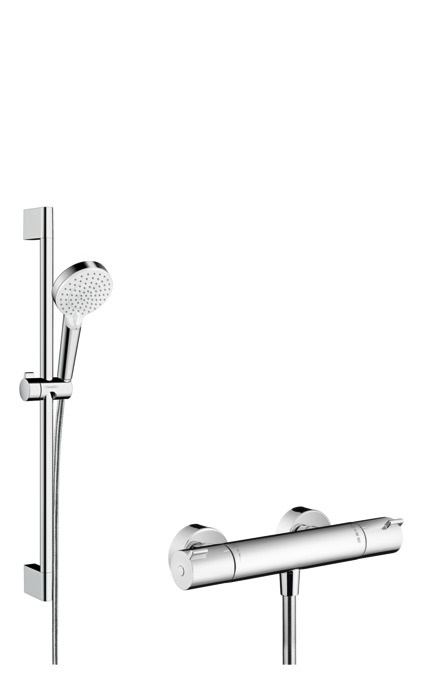 Hansgrohe Crometta Sistema Doccia Esterno Vario con Termostatico Ecostat 1001 CL e Asta Doccia 65 cm, Bianco/Cromo, Soffione 100 mm con Getti Rain e IntenseRain