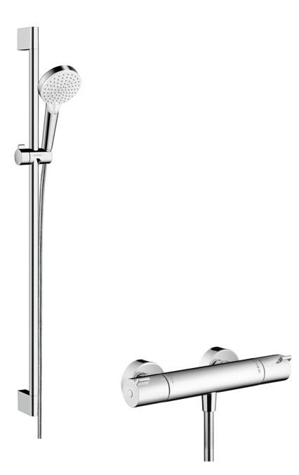 Hansgrohe Crometta Sistema Doccia Esterno Vario con Termostatico Ecostat 1001 CL, Asta Doccia 90 cm, Soffione 100 mm, Bianco/Cromo