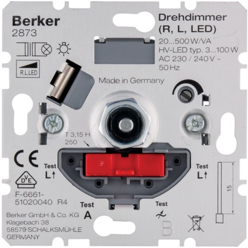 Berker 2873 Dimmer Rotativo ad Incasso con Softstart - Controllo della Luce 20-500 W LED, Argento