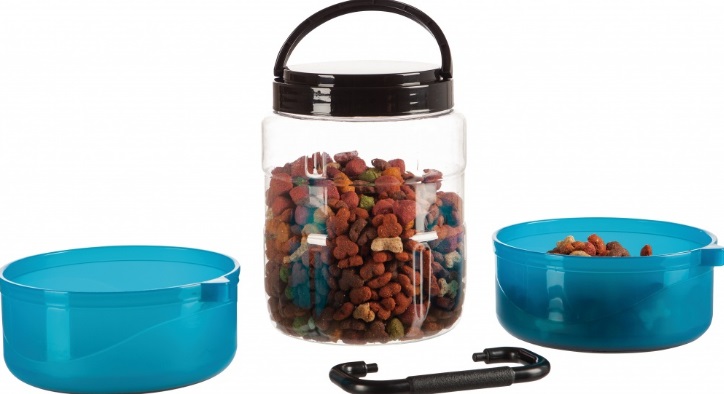 TRIXIE Set da Viaggio per Cani - Contenitore 2L e 2 Ciotole Antiscivolo 0,75L, Plastica Blu